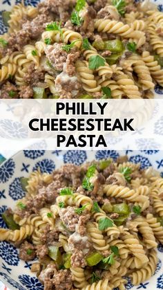 two plates filled with pasta and meat on top of each other in different sauces