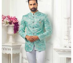 "This is a Classic Jodhpuri suit by Golden Attire crafted from high quality fabric and imported materials. Our products are handcrafted by experienced tailors who make sure the that the stitching is precise, lining is proper and the overall product is sturdy enough to not go out of shape for more than a few years. Also all our products have extra margins in their length, sleeves, sides so it's easily alterable if your size changes after some time. To see more available colours and designs in this collection, Check out the 'Classic Two Piece Suits' Section. *This is a Jodhpuri suit of a jacket and a trouser. *We also offer customization so we can provide you an even better fit if you massage us your measurements (in inches) of Chest, Stomach, Waist, Hip, Shoulder and Actual Height after ord Luxury Green Bandhgala For Wedding, Green Traditional Semi-formal Sets, Green Nehru Jacket For Wedding Diwali, Green Lawn Suit With Dabka For Reception, Green Dabka Lawn Suit For Reception, Green Wedding Suits For Festive Season, Green Long Sleeve Tuxedo For Wedding, Green Festive Wedding Suit, Festive Green Wedding Suit