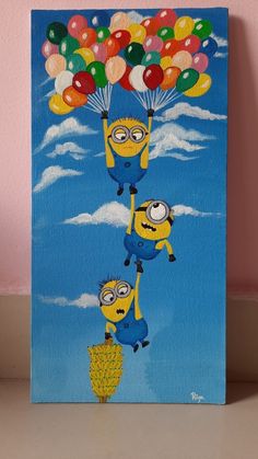 a painting of two minion characters holding balloons in the shape of a pineapple