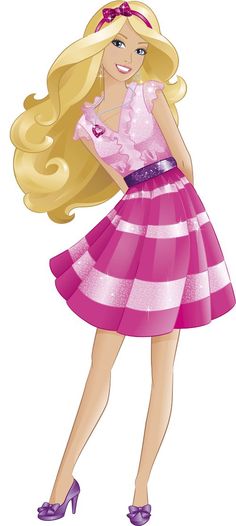 a cartoon girl with long blonde hair wearing a pink and white striped dress, holding her hand on her hip