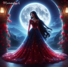 a woman in a red and blue dress is standing under a full moon with roses