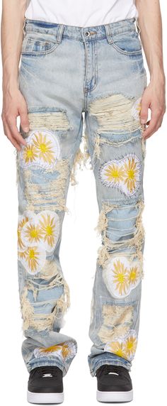 Straight-leg non-stretch denim jeans in blue. Fading, distressing, embroidered detailing, and multicolor graphic patches throughout. Mid-rise. Five-pocket styling. Belt loops at waistband. Logo patch at back waistband. Zip-fly. Silver-tone hardware. Contrast stitching in tan.Supplier color: Sky Daisy Jeans, Contrast Stitch, Luxury Streetwear, Stretch Denim, Patch Logo, Blue Denim, Denim Jeans, Mid Rise, Silver Tone