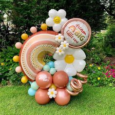 an assortment of balloons and decorations in the grass