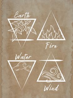 four different types of fire and water on parchment paper with the words earth, water, wind