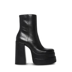 COBRA Black Leather Platform Block Heel Booties | Women's Designer Booties – Steve Madden Canada Dr Shoes, Take It Back, Black Platform Boots, 70s Style, Black Platform, 5 Inch Heels, Black Leather Boots, Platform Boots, New Girl