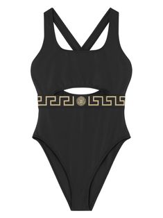 black round neck cross back straps stretch-design cut-out detailing signature Greca detailing pull-on style Be mindful to try on swimwear over your own garments. Black Cross Back Swimwear For Beachwear, Bathing Suit Designs, Orange Swimsuit, Swimsuit Black, Swimsuit Design, Versace Outfit, Cut Out Swimsuits, Red Swimsuit, Be Mindful