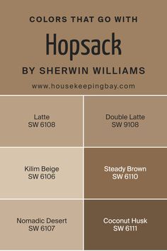 Colors that Go With Hopsack SW 6109 by Sherwin Williams Tile Paint Colours, Relaxing Paint Colors, Sherwin Williams Coordinating Colors, Orange Paint Colors, Brown Tile, Kilim Beige, Trim Colors, Bath Renovation, House Color Schemes