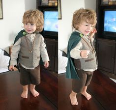 two pictures of a little boy dressed up like harry potter and pointing at the tv