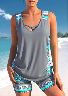 Color:Grey;Size:S;Size:M;Bra Style:Padded;Support:Wire Free;Pad Style:Removable;Strap Style:Unadjustable;Package Contents:1 X Top , 1 X Shorts;Occasion:Sport;Style:Tribal; Swimwear With Shorts, Celana Boxer, Surf Swimsuit, V Neck Tank Top, Tankini Set, Print Swimsuit, Tankini Swimsuits, Short En Jean, Mongolia