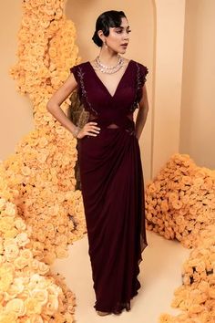 Shop for Adi By Aditya Khandelwl Wine Draped Georgette Gown for Women Online at Aza Fashions Wine Colour Gown, Work Crystals, Draped Gown, Wine Colour, Georgette Gown, Drape Gowns, Gown For Women, Beaded Neckline, Ladies Gown