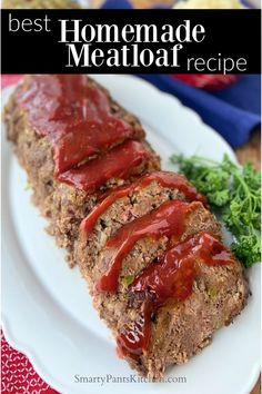 Meatloaf with tomato sauce sliced on white platter. Perfect Meatloaf, Beef Meatloaf, Homemade Meatloaf, Classic Meatloaf Recipe, Good Meatloaf Recipe, Classic Meatloaf, Best Meatloaf, Easy Meatloaf, Meatloaf Recipe