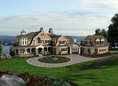 this is an artist's rendering of a large house with lots of windows and landscaping