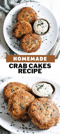 homemade crab cakes on a white plate with sauce