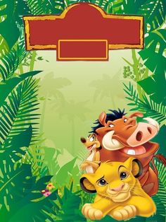 the lion king and his cub are surrounded by jungle plants with a red sign in the background