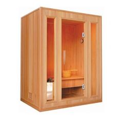 an image of a sauna with the door open and light wood finish on it