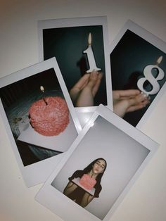 four polaroid photos of a woman holding a birthday cake with candles on it and the number eight