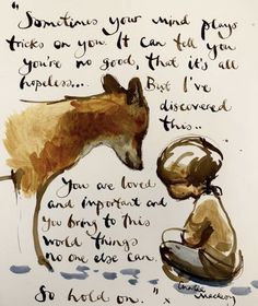 a watercolor drawing of a fox and a boy with a poem written on it