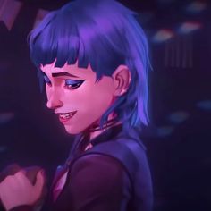 an animated image of a woman with purple hair and blue eyes, smiling at the camera