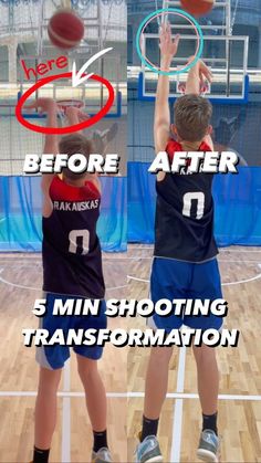 two young boys playing basketball on a court with the words before and after 5 min shooting