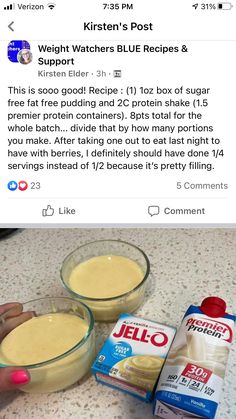 a person holding a bowl of food next to a carton of jello on a counter