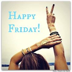 two hands are holding up the peace sign with happy friday written on it in blue