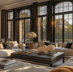 a living room filled with lots of furniture and large windowed windows over the top of them