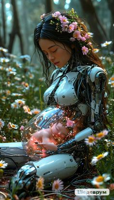 a woman holding a baby in her arms while sitting on the ground with flowers around her