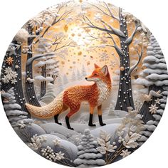 a painting of a fox standing in the middle of a forest with trees and snow