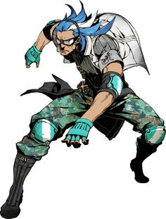 an anime character with blue hair and green pants, holding his arms out in the air