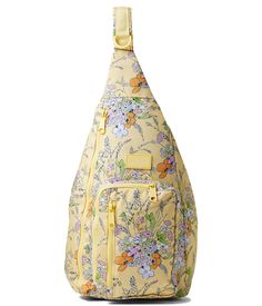 a yellow floral print backpack with zippers on the front and shoulder straps, one side open