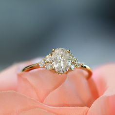 a close up view of a diamond ring on a pink rose