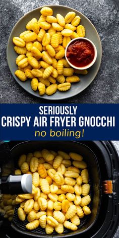 an air fryer filled with crispy air fryer gnocchi and sauce