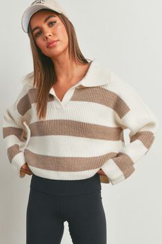 A new favorite is in - Shop the Stripe Drop Shoulder with Wide Collar Sweater. A perfect blend of comfort and style! This trendy sweater features eye-catching stripes and a chic wide collar, making a bold statement effortlessly. Here's The Details: ❥ Color: Taupe ❥ Striped pullover sweater ❥ Wide collar ❥ Designed with a relaxed drop shoulder for laid-back elegance ❥ Wide long sleeves ❥ V-neckline ❥ This sweater keeps you cozy and fashionable all day long. ❥ Crafted from high-quality materials, Oversized Tops With Striped Collar For Fall, Chic Sweater With Contrast Stripes For Winter, Chic White Polo Sweater For Fall, White Polo Sweater With Striped Collar For Fall, Knit Tops With Striped Collar For Fall, Chic Striped Tops With Ribbed Collar, Chic Striped Knit Sweater, Winter Striped Collared Top, Oversized Horizontal Stripe Top For Fall