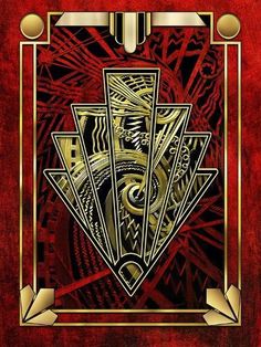 a red and gold art deco poster with an abstract design on it's side