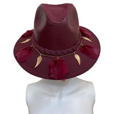 Mexican Handcrafted Leather Fedora Hat  | El Cuervo Merlot Colores Decor Fedora Hat Outfits, Tooled Leather Handbags, Leather Cowboy Hats, Modern Hat, Artisan Decor, Merlot Color, Mexican Fashion, Modern Mexican, Artisan Fashion