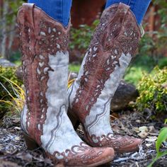 Corral Sand Cognac Laser Overlay Cowgirl Boots. Style # A2665. Ivory Distressed Leather With Light Gray Wash & Lace-Like Cognac Colored Overlay Designs. Snip Toe, Riding Heel, Leather Sole, Leather Lining. Handmade In Mexico, Superior Quality & Workmanship. Versatile Boots, Wear Them Any Season With Dresses Or Jeans. Gorgeous Boots For A Country Wedding! Shaft Height 13" Heel Height 2.5" Size 6.5 B Great Pre-Owned Condition. Very Light Wear On Soles & Heel Caps. Very Slight Slouching/Relaxing At Boot Throat, Above Back Of Heels. Still Much Like New, Not Even Really Broken In Yet Worn Only 2x, Once For An Interview & Once At A Reining Show During A Rodeo Queen Pagaent. Sprayed With Qualit Brown Boots For Ranch In Spring, Rustic Almond Toe Boots, Bohemian Leather Boots With Pointed Toe, Beige Leather Boots For Ranch, Bohemian Brown Boots With Pointed Toe, Bohemian Brown Pointed Toe Boots, Beige Bohemian Leather Boots, Bohemian Beige Leather Boots, Ranch Boots