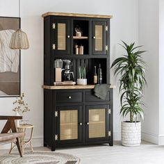 a black cabinet with wicker doors in a living room next to a potted plant