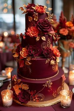 7 Layer Wedding Cake, Harvest Wedding Cake, Weddings Cakes Elegant, Nordic Wedding Cake, Wedding Cake Ideas Elegant Beautiful, Red Cake Ideas, Autumn Wedding Cake Ideas, Non Traditional Wedding Cakes, Rustic Fall Wedding Cake