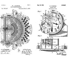 a drawing of a mechanical device with gears and wheels on the front, and an image of a clock in the back