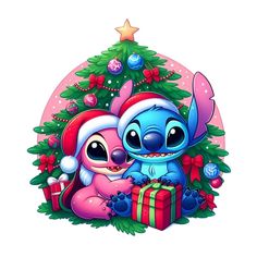 two cartoon characters sitting next to each other under a christmas tree with presents in front of them