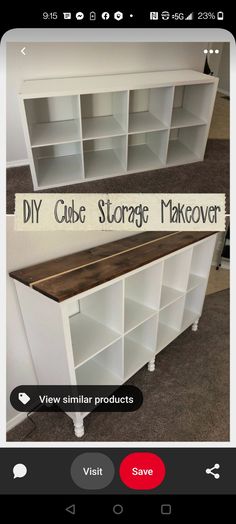 a white bookcase with shelves on top and the words diy cube storage makeover above it