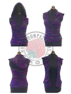 four different views of the front and back of a purple knitted vest with open shoulders