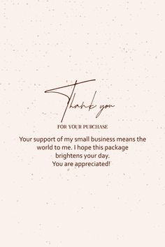 a thank card with the words thank you for your purchase