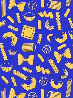 Italian pasta seamless pattern isolated on blue background. Different types of pasta. Spaghetti, Farfalle, penne, rigatoni, ravioli, fusilli,conchiglie, elbows, rotelle, orzo, paccheri illustration. Pasta Social Club, Pasta Ads, Ingredient Illustration, Pasta Icon, Italian Graphics, Pasta Drawing