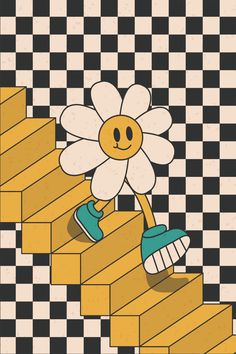 a cartoon daisy climbing the stairs with shoes on it's feet and holding a tennis racquet