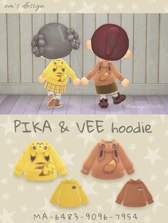 two children's clothes with different designs on them and the words pika & vee hoodie