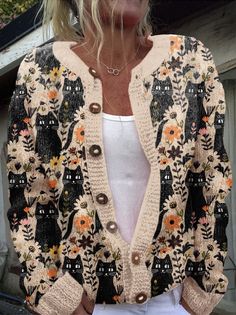 Come to Zolucky to buy Cardigans at a discounted price, SPU: 29418CA9T0E41, Color: Khaki, Style:Casual, Pattern:3D Printing. Buttoned Cardigan, Khaki Style, Fit Clothes, Floral Art Print, Fitted Cardigan, Cat Fashion, Linen Casual, Floral Prints Art, Sweater Dress Women