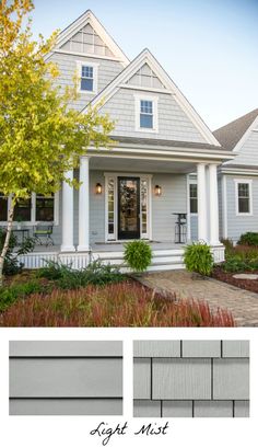 the front and side of a gray house with white trim