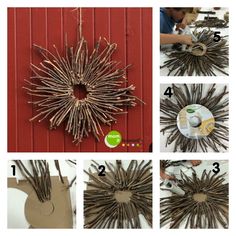 the steps to make a sunburst wreath out of twigs are shown in four different pictures