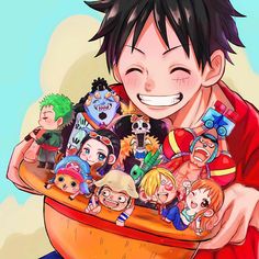 an anime character holding a bowl full of cartoon characters and smiling at the camera with his eyes closed